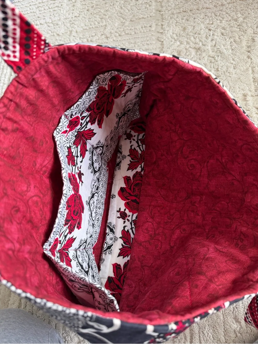Patchwork Boho Tote Bag Red Black White Mixed Print Eclectic